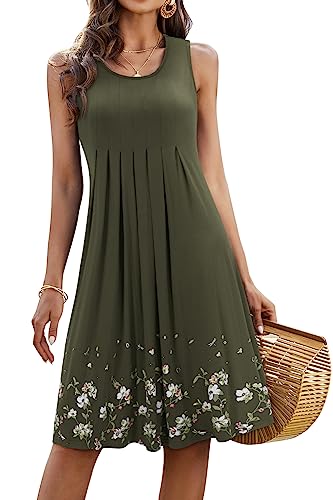 KILIG Sommerkleid Damen Strandkleid Midi Ärmellose Kleid Sommer Leicht Blumenkleid Freizeitkleid (Army,L) von KILIG