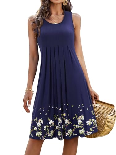 KILIG Sommerkleid Damen Strandkleid Midi Ärmellose Kleid Sommer Leicht Blumenkleid Freizeitkleid (Navy,XXL) von KILIG