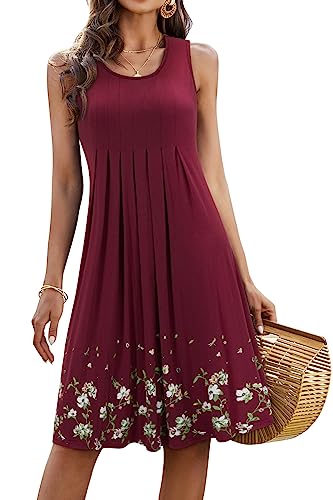 KILIG Sommerkleid Damen Strandkleid Midi Ärmellose Kleid Sommer Leicht Blumenkleid Freizeitkleid (Wine,XXL) von KILIG