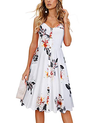 KILIG Sommerkleid Damen Knielang Ärmellos/Langarm Kleid Sommer Spaghettiträger Kleider Freizeitkleider mit Taschen von KILIG