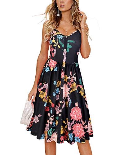 KILIG Sommerkleid Damen Knielang Ärmellos/Langarm Kleid Sommer Spaghettiträger Kleider Freizeitkleider mit Taschen von KILIG