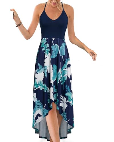 KILIG Sommerkleid Damen Spaghettiträger Kleid Vokuhila Maxikleider Damen Sommer V-Ausschnitt Freizeitkleid Blumen-6 von KILIG