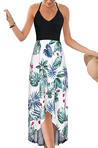 KILIG Sommerkleid Damen Spaghettiträger Kleid Vokuhila Maxikleider Damen Sommer V-Ausschnitt Freizeitkleid Blumen-H von KILIG