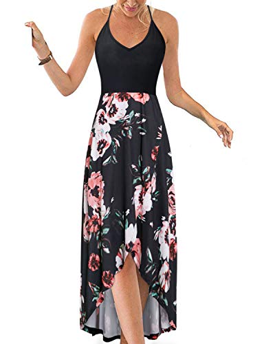 KILIG Sommerkleid Damen Spaghettiträger Kleid Vokuhila Maxikleider Damen Sommer V-Ausschnitt Freizeitkleid Blumen-I von KILIG