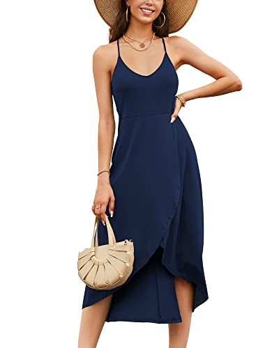 KILIG Sommerkleid Damen Spaghettiträger Kleid Vokuhila Maxikleider Damen Sommer V-Ausschnitt Freizeitkleid Navy von KILIG