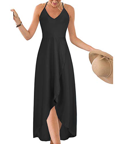 KILIG Sommerkleid Damen Spaghettiträger Kleid Vokuhila Maxikleider Damen Sommer V-Ausschnitt Freizeitkleid Schwarz von KILIG