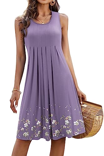 KILIG Frauen 2023 Sommer Casual Kleider Lose Print Plissiert Ärmellos Midi Weste Kleider für Strand Hochzeit Party (A1-Light Purple,L) von KILIG