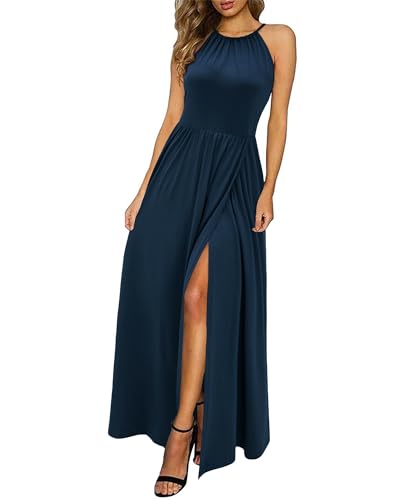 KILIG Maxikleid Damen Sommer Neckholder Sommerkleid Elegant Lang Kleid Hochzeitsgast Partykleid Schlitz Freizeitkleid (Navy,L) von KILIG