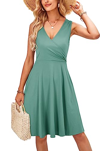 KILIG Sommerkleid Damen A-Linie Kleider Sommer Knielang V-Ausschnitt Kleid Freizeitkleid (Light Green,S) von KILIG