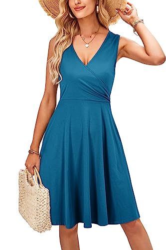 KILIG Sommerkleid Damen A-Linie Kleider Sommer Knielang V-Ausschnitt Kleid Freizeitkleid (Peacock Blue,S) von KILIG