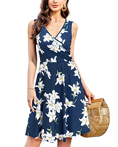 KILIG Sommerkleid Damen A-Linie Kleider Sommer Knielang V-Ausschnitt Kleid Freizeitkleid von KILIG