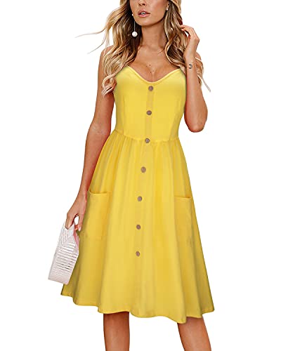 KILIG Sommerkleid Damen Knielang Ärmellos/Langarm Kleid Sommer Spaghettiträger Kleider Freizeitkleider mit Taschen von KILIG