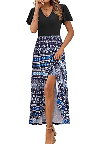 KILIG Sommerkleid Damen Lang Kleid Kurzarm Maxikleid Damen Sommer V Ausschnitt Vokuhila Freizeitkleid von KILIG