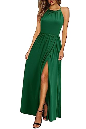 KILIG Sommerkleid Damen Lang Maxikleid Sommer Neckholder Elegant Kleid Hochzeitsgast Partykleid Schlitz Freizeitkleid (Dark Green,S) von KILIG