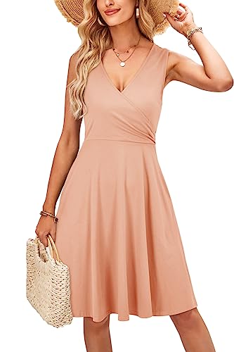 KILIG Sommerkleid Damen A-Linie Kleider Sommer Knielang V-Ausschnitt Kleid Freizeitkleid (Pink,XL) von KILIG