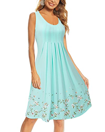 KILIG Sommerkleid Damen Strandkleid Midi Ärmellose Kleid Sommer Leicht Blumenkleid Freizeitkleid (Light Green,L) von KILIG