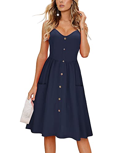 KILIG Sommerkleid Damen Knielang Ärmellos/Langarm Kleid Sommer Spaghettiträger Kleider Freizeitkleider mit Taschen von KILIG