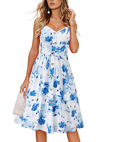 KILIG Sommerkleid Damen Knielang Ärmellos/Langarm Kleid Sommer Spaghettiträger Kleider Freizeitkleider mit Taschen von KILIG