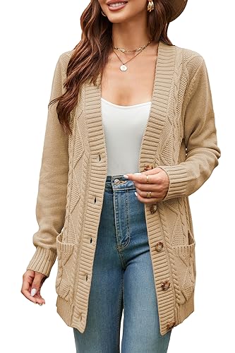 KILIG Strickjacke Damen Lang Grobstrick Cardigan Warm Winter Strickmantel Casual Sweater mit Taschen Khaki von KILIG