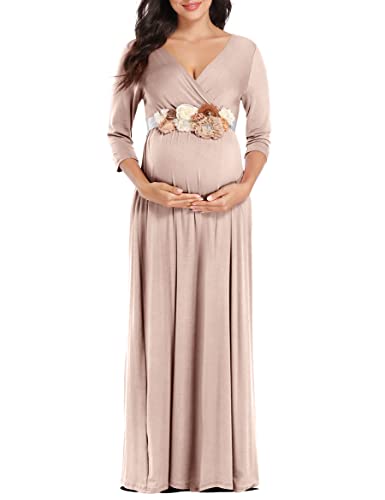 Kims Umstandskleid Maxikleid mit Blumenschärpe, geraffter V-Ausschnitt, Fotoshooting-Kleid mit Tasche - Beige - Mittel von KIM S