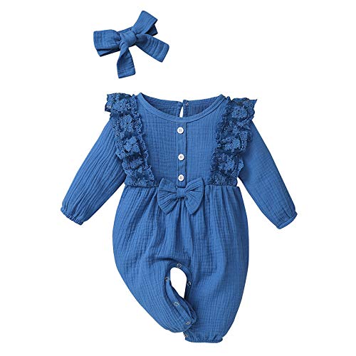 KIMODO Strampler + Stirnband Baumwolle und Leinen Einteiler Sommer Romper Bodysuit Baby Mädchen Jumpsuit Spitze Romper Outfits Playsuits Overall (A-Blau, 0-3 Monate) von KIMODO Baby Mädchen