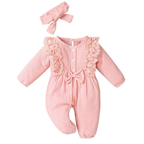 KIMODO Strampler + Stirnband Baumwolle und Leinen Einteiler Sommer Romper Bodysuit Baby Mädchen Jumpsuit Spitze Romper Outfits Playsuits Overall (A-Rosa, 0-3 Monate) von KIMODO Baby Mädchen