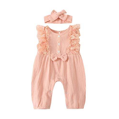 KIMODO Strampler + Stirnband Baumwolle und Leinen Einteiler Sommer Romper Bodysuit Baby Mädchen Jumpsuit Spitze Romper Outfits Playsuits Overall (B-Rosa, 6-12 Monate) von KIMODO Baby Mädchen