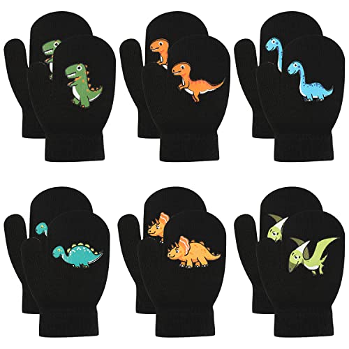 6 Paar Fäustlinge für Kleinkinder Dinosaurier, Fäustlinge mit Dinosaurier-Muster, flauschige Handschuhe, Warme Strickfäustlinge für Kleine Jungen, Mädchen, Kleinkinder (Schwarz, Dinosaurier) von KINBOM