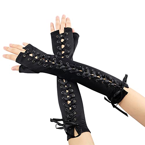 KINBOM 1 Paar Lange Fingerlose Handschuhe Damen Cosplay Zubehör Fingerlose Handschuhe für Frauen Fingerlose Handschuhe Damen Lang und Zubehör Modischsteampunk Handschuhe Damen Halloween (Schwarz) von KINBOM