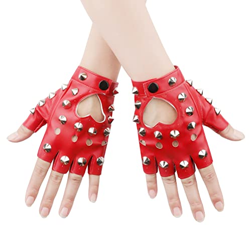 KINBOM 1 Paar Punk Handschuhe Fingerlos, Stilvolle Fingerlose Handschuhe aus Leder Nieten Punk Handschuhe für Halloween Damen Mädchen Cosplay Performance (Rot) von KINBOM