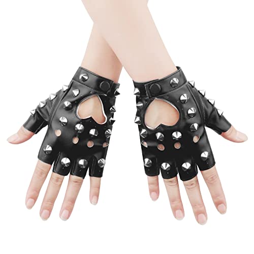 KINBOM 1 Paar Punk Handschuhe Fingerlos, Stilvolle Fingerlose Handschuhe aus Leder Nieten Punk Handschuhe für Halloween Damen Mädchen Cosplay Performance (Schwarz) von KINBOM