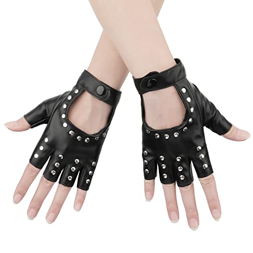 KINBOM 1 Paar Punk Handschuhe Fingerlos, Stilvolle Fingerlose Handschuhe aus Leder Punk Handschuhe für Halloween Damen Mädchen Cosplay Performance (Schwarz) von KINBOM