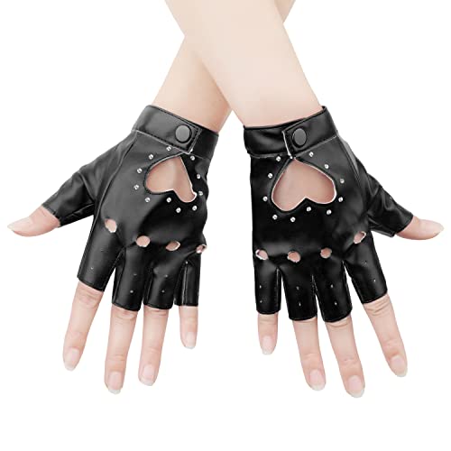 KINBOM 1 Paar Punk Handschuhe Fingerlos, Stilvolle Punk Handschuhe mit Strass Fingerlose Handschuhe aus Leder für Halloween Frauen Mädchen Cosplay Leistung (Schwarz) von KINBOM