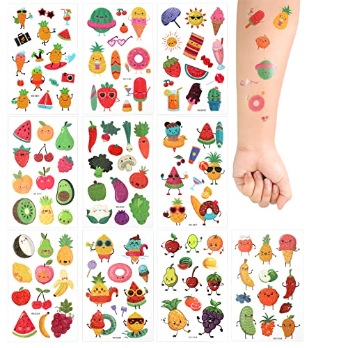 KINBOM 10 Blätter kinder Tattoo Obst, Temporäre Tattoos Obst für Kinder Wasserdicht Schweißbeständig Wasserfeste Aquarell Obst Tattoos für Kinder für Alles Gute zum Geburtstag Kindertag von KINBOM