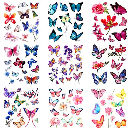 KINBOM 12 Blatt (137 Stück) Schmetterling Tattoo, 3D Bunt Schmetterling Temporäre Tattoo Aufkleber Wasserfest für Mädchen Frauen Erwachsene Tägliches Make-up Geburtstagsfeier Karneval (Mixed Styles) von KINBOM