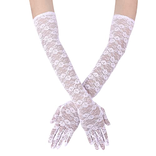 KINBOM Lange Spitzenhandschuhe, Blumen Brauthandschuhe für Hochzeit Spitzenhandschuhe für Damen Teeparty Kostüme der 1920er Jahre Abschlussball Maskerade, Ein Paar, Länge 54cm (Weiß) von KINBOM