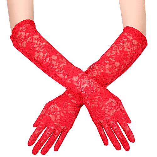 KINBOM Lange Spitzenhandschuhe, Brauthandschuhe für Hochzeit Blumen Spitzenhandschuhe für Damen Teeparty Kostüme der 1920er Jahre Abschlussball Maskerade, Ein Paar, Länge 44cm (Rot) von KINBOM