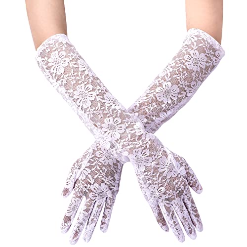 KINBOM Lange Spitzenhandschuhe, Brauthandschuhe für Hochzeit Blumen Spitzenhandschuhe für Damen Teeparty Kostüme der 1920er Jahre Abschlussball Maskerade, Ein Paar, Länge 44cm (Weiß) von KINBOM