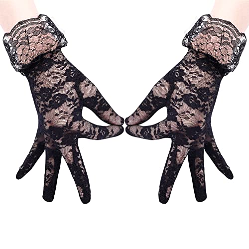 KINBOM Spitzenhandschuhe Damen Elegante Kurze Handschuhe Fischnetz-Spitzenhandschuhe Wunderschöne Handgelenk-Brauthandschuhe Hochzeit Tea Party Prom Cosplay 1920er (Schwarz) von KINBOM