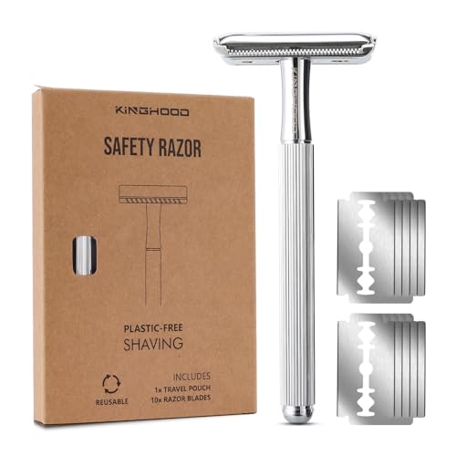 Rasierhobel Herren,Eco Rasierer Metall,Zero Waste Sicherheitsrasierer + 10 Rasierklingen,Safety Razor,Rasier Hobel Mattchrom von KINGHOOD