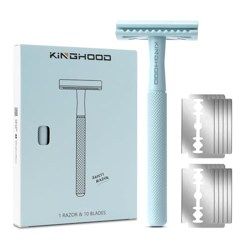 Rasierhobel Herren Damen, Eco Rasierer Metall + 10 Rasierklingen, Sicherheitsrasierer Safety Razor Hellblau von KINGHOOD