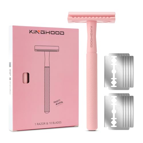 Rasierhobel Herren Damen, Eco Rasierer Metall + 10 Rasierklingen, Sicherheitsrasierer Safety Razor Pink von KINGHOOD