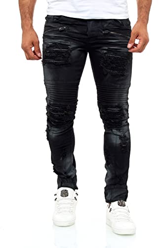 KINGZ Coole Herren Jeans, Designer Jeans in Slim-Fit Batik-Look Black-White Destroyed Jeans 1644-1 Schwarz W30/L34 von KINGZ