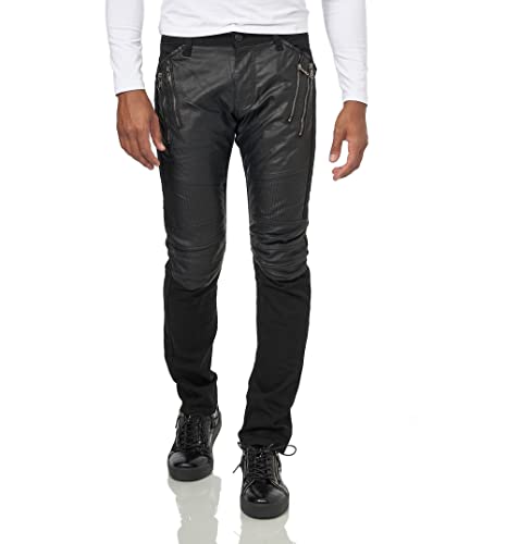 KINGZ Herren Biker Jeans Regular-Fit Schwarze Rockige Stretch Männer Hose 1356-1 Schwarz 32W/34L von KINGZ