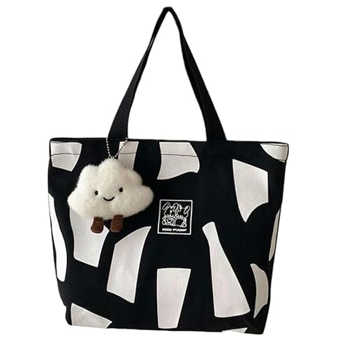 Canvas-Handtasche Tasche Mädchen Kleine Frische Lunch Bag Vielseitige Mädchen Handtasche Canvas Tasche-Schwarz+Anhänger-M von KINZE