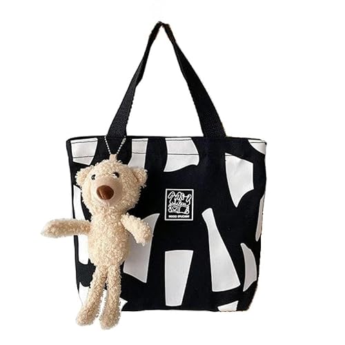 Canvas-Handtasche Tasche Mädchen Kleine Frische Lunch Bag Vielseitige Mädchen Handtasche Canvas Tasche-Schwarz+Bär-M von KINZE