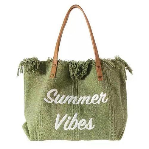 KINZE Canvas-Handtasche Fairy Bag Damen Koreanischer Stil Quasten Handeinkaufstasche Retro Bestickte Kupplungsumhängetasche-Grün-50 * 14 * 36 Cm von KINZE