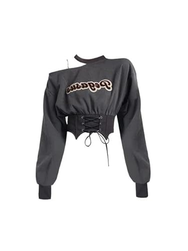 KINZE Crop-Top Frauen Sweatshirt Harajuku Crop Top Y2K Pullover Off Schulter Hoodie Streetwear Club Kee-Grau-M von KINZE