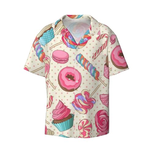 KIROJA Candy Canes Herren-Hemd, kurzärmelig, mit Knopfleiste, lässiges Revershemd, Hawaii-Strandhemd, Süßer Lollipop-Cupcake-Donut, XXL von KIROJA