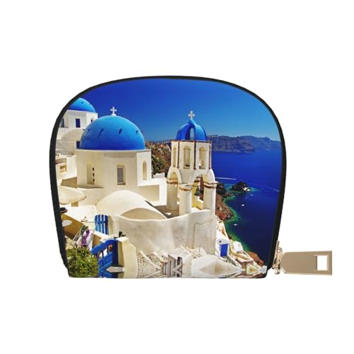 KIROJA Schwarz und Gold Geometrische Leder Kartenfächer Kreditkartenetui Kleine Kartenetui mit Reißverschluss für Damen/Herren, Akkordeon-Kartenetui, Santorini Griechische Insel Meerblick, von KIROJA